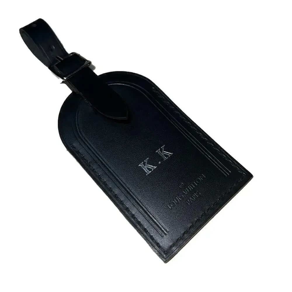 Louis Vuitton Paris Black Leather Name Tag Silver tone Metal w/ KK Stamped